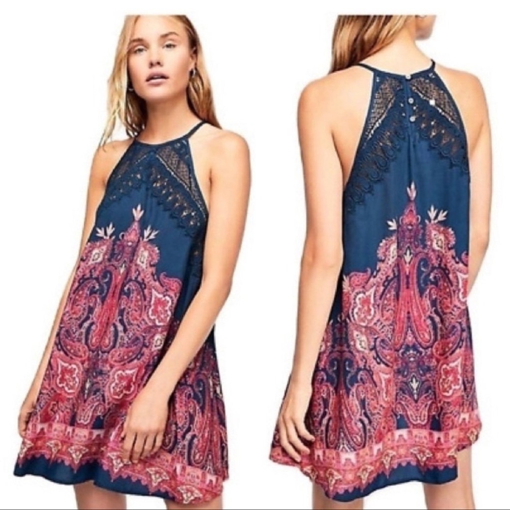 NWOT Free People Intimately Bohemian Navy and Pink Dress. Trapeze style. Size S - Picture 3 of 3